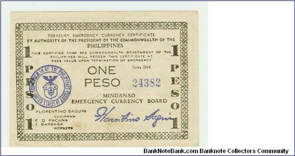 Philippine One Peso (Guerilla Note) Emergency Currency Certificate of 1944, from Mindanao. Alot of the heavy fighting (guerilla warfare) was seen here, in the South Island of Mindanao. This is now the HOT SPOT in the Philippines, with a Majority Muslim population fighting for an independent Muslim State. Banknote