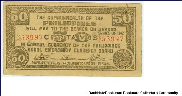 VERY SCARCE! Philippine 50 Centavos  Guerilla Note from Bohol, on Thick Waxpaper-like stock! Banknote