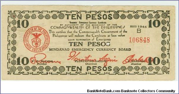 Philippine WWII Commonwealth Guerilla note from Mindanao. These notes HAD to have THREE signatures to be valid. Banknote
