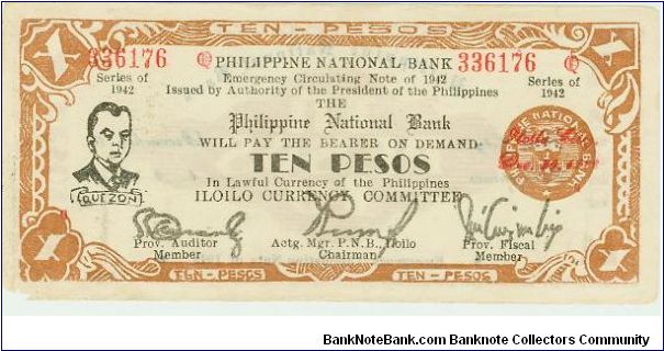 WWII Philippine National Bank Ten Peso Emergency currency issue from ILOILO city. Scarce red serial numbers. Banknote