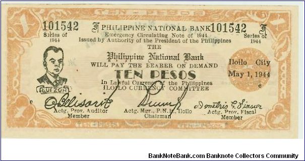 WWII Philippine National Bank 10 Peso ILOILO issue in MINT condition, on WAFER THIN stock! Banknote