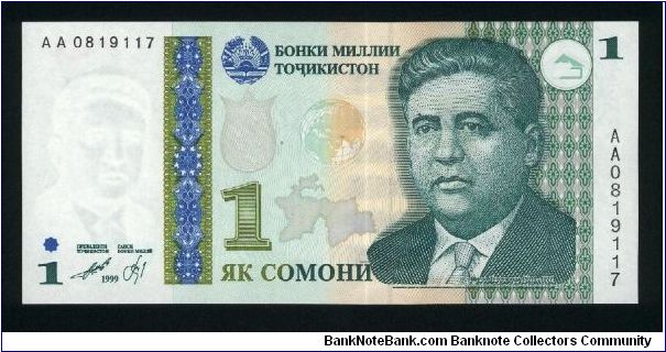 1 Somoni.

Mirzo Tursunzoda (poet) on face; National Bank of Tajikistan building on back.

Pick #14 Banknote