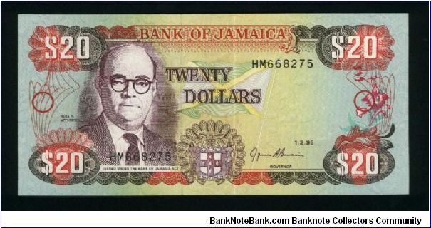 20 Dollars.

N.N. Nethersole at left, flag in underprinting, arms below on face; Bank of Jamaica building on back.

Pick #72e Banknote