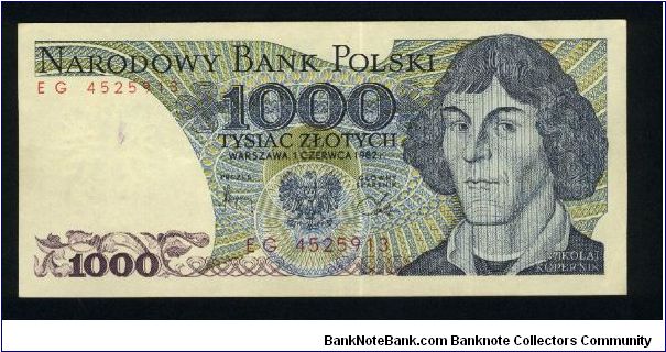1000 Zlotych.

Copernicus at right on face; astrological symbols on back.

Pick #146b Banknote