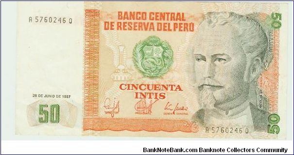CRISP/UNC 50 INTIS NOTE OF PERU. Banknote