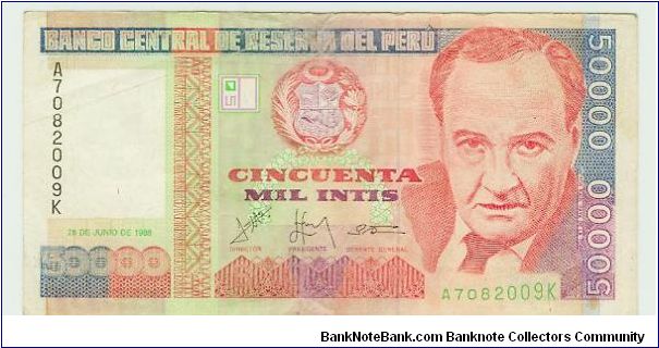 NICE CINQUENTA MIL INTIS NOTE OF PERU. Banknote
