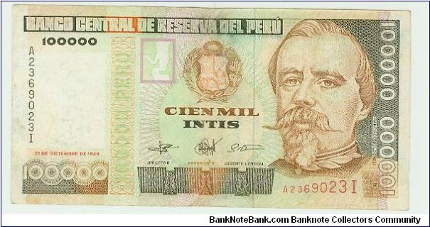 NICE EXAMPLE OF THE CIEN MIL INTIS OF PERU. Banknote