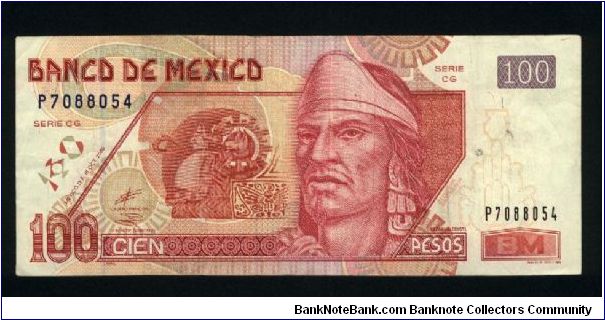 100 Pesos.

Nezahualcoyotl at right, Atzech figure at center, on face; Xochipilli statue on back.

Pick #118 Banknote