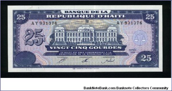 25 Gourdes.

Palace of Justice at center on face; arms at center on back.

Pick #262a Banknote