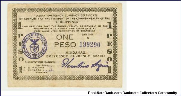 WWII PHILIPPINES GUERILLA/EMERGENCY ONE PESO NOTE FROM MINDANAO. THIS NOTE HAS AN E UNDER THE SERIES 1944. MOST OF THESE NOTES HAVE NO LETTER. Banknote