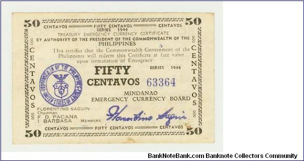 WWII PHILIPPINES 50 CENTAVOS GUERILLA/EMERGENCY NOTE FROM MINDANAO. Banknote