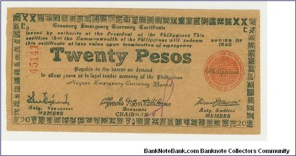 MINT!! WWII PHILIPPINE TWENTY PESO GUERILLA/EMERGENCY NOTE FROM NEGROS. Banknote