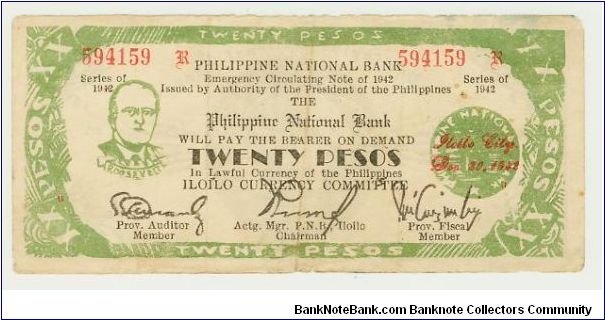 WWII PHILIPPINES 1942R TWENTY PESO ROOSEVELT GUERILLA/EMERGENCY NOTE FROM ILOILO. VF/EF Banknote