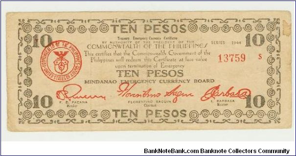 WWII 1944 TEN PESO GUERILLA/EMERGENCY NOTE FROM MINDANAO. Banknote
