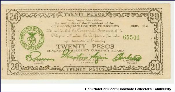 WWII PHILIPPINES 1944 TWENTY PESO GUERILLA/EMERGENCY NOTE FROM MINDANAO. EF/AU! Banknote