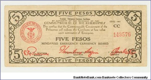 WWII PHILIPPINES 1941CC FIVE PESO GUERILLA/EMERGENCY NOTE FROM MINDANO.LOVELY EF EXAMPLE. Banknote