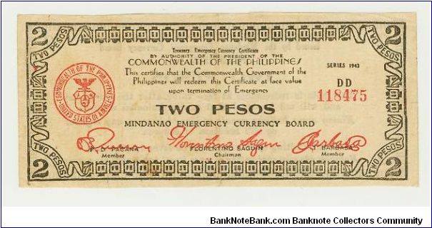 WWII PHILIPPINES 1943DD TWO PESO GUERILLA/EMERGENCY NOTE FROM MINDANAO. VERY NICE! Banknote