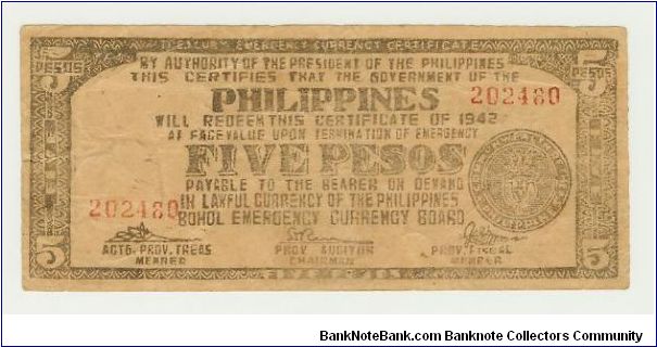 SCARCE! WWII PHILIPPINES FIVE PESO GUERILLA/EMERGENCY NOTE FROM TAGBILARAN, BOHOL. Banknote