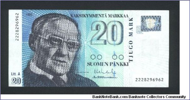 20 Markkaa.

Vaino Linna at left on face; Tampere street scene on back.

Pick #123 Banknote