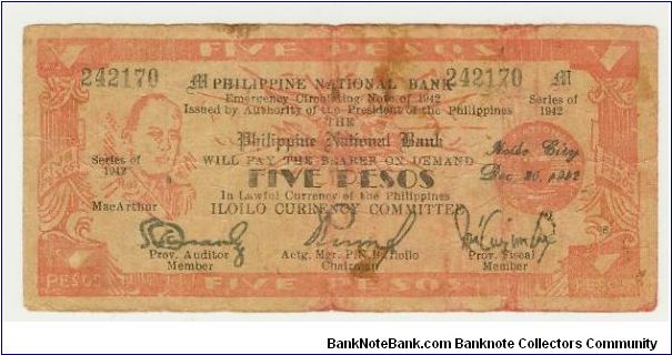 WWII PHILIPPINES FIVE PESO MACARTHUR GUERILLA/EMERGENCY NOTE FROM ILOILO. Banknote