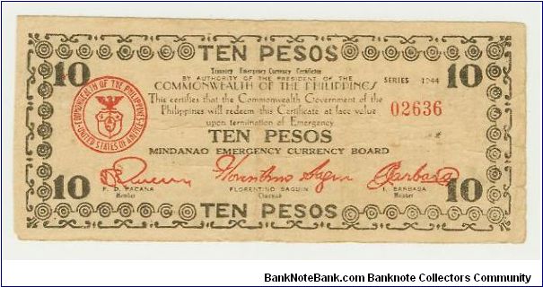 WWII PHILIPPINES TEN PESO GUERILLA/EMERGENCY NOTE FROM MINDANAO. Banknote