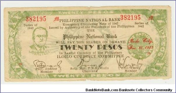 WWII PHILIPPINES TWENTY PESO ROOSEVELT GUERILLA/EMERGENCY NOTE FROM ILOILO. Banknote