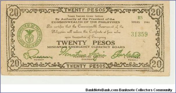 WWII 1944R5 PHILIPPINES TWENTY PESO GUERILLA/EMERGENCY NOTE FROM MINDANAO. Banknote
