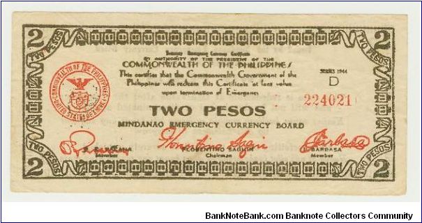 WWII PHILIPPINES 1944D TWO PESO GUERILLA/EMERGENCY NOTE FROM MINDANAO.EF/AU. Banknote
