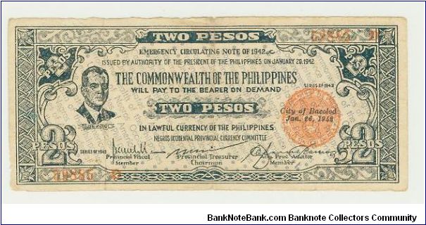 WWII 1942D PHILIPPINES QUEZON GUERILLA/EMERGENCY NOTE FROM BACOLOD CITY, NEGROS OCCIDENTAL. Banknote