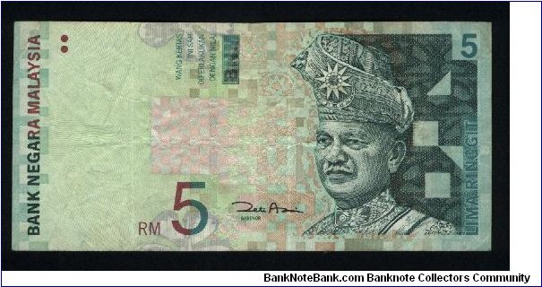 5 Ringgit.

Yang-Di Pertuan Agong, First Head of State of Mlalaysia (died 1960) on face; modern buildings (Petronas Towers) on back.

Pick #41b Banknote