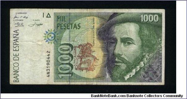 1000 Pesetas.

5th Centennial of the Discovery of America by Spain Issue.

Hernan Cortes at right on face; Francisco Pizarro in vertcal format on back.

Pick #163 Banknote