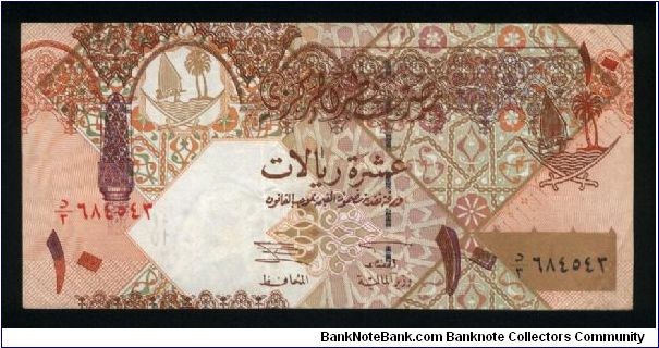 10 Dinars.

Arms at upper right on face; traditional Dhow and sand dunes Khor Al-Udeid at left on back.

Pick #22 Banknote