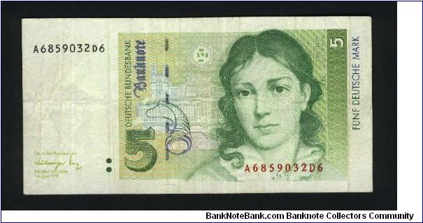 5 Deutsche Mark.

Bettina von Arnim (1785-1859) at center right on face; bank seal and Brandeburg Gate in Berlin at left center, script on open envelope at lower right in watermark area on back.

Pick #37 Banknote