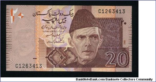 20 Rupees.

Mohammed Ali Jinnah at right on face; wiew of Moen-Jo Daro (Larnaka) on back.

Pick #new Banknote