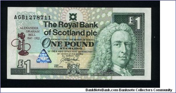 1 Pound.

Royal Bank of Scotland PLC.

Commemorative Issue; 150th Anniversary of Birth of Alexander Graham Bell, 1847-1997

Lord Ilay and old telephone on face; portrait of A.G.Bell and images of his life and work on back.

Pick #359 Banknote