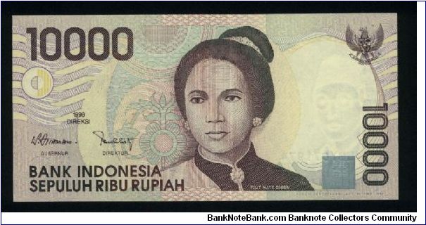 10000 Rupiah.

Tjut Njak Dhien at right, arms at upper right, bank monogram at lower right on face; Segara Anak Volcanik Lake at center right on back.

Pick #137 Banknote