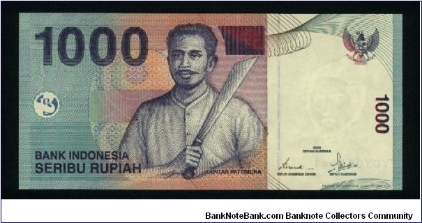 1000 Rupiah.

Kapitan Pattimura at center on face; fishing boat and volcano on back.

Pick #141a Banknote