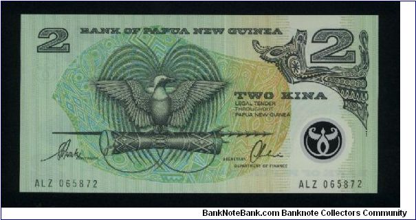 2 Kina.

Polymer plastic.

Stylized Bird of Paradise at left center on face; artifacts at center on back.

Pick #16b Banknote