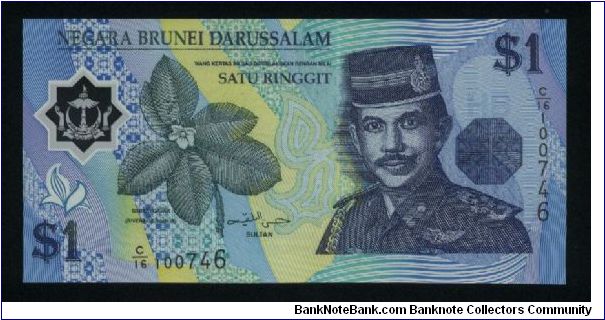 1 Ringgit.

Polymer plastic.

Sultan Jam'Asr Hassan Bolkiah at right, riverside simpur plant at center on face; rain forest waterfall at left center on back.

Pick #22 Banknote