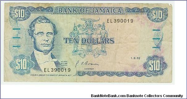 1992 JAMAICA 10 DOLLARS. Banknote