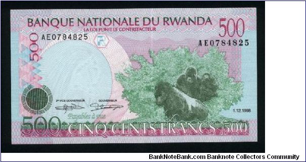 500 Francs.

Mountain gorillas at right on face; National Museum of Butare and schoolchildren on back.

Pick #26 Banknote