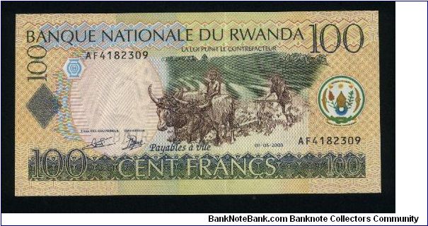 100 Francs.

Oxen and farmer plowing at center on face; mountain and lake on back.

Pick #29 Banknote