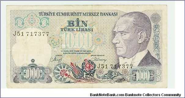 1970 TURK 1000 LIRASI NOTE. Banknote