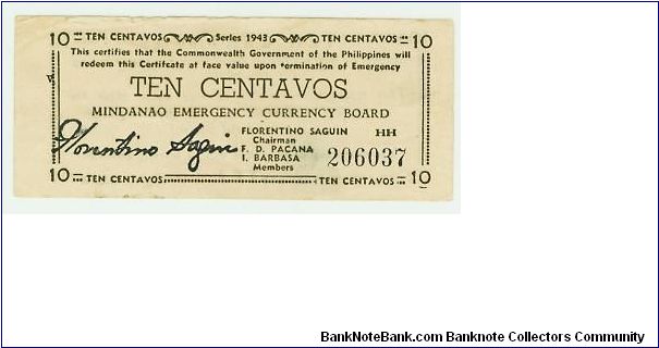 VERY SCARCE MINDANAO TEN CENTAVOS WWII GUERILLA /EMERGENCY CURRENCY ISSUE OF THE PHILIPPINES Banknote