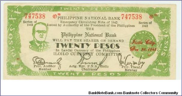 WWII PHILIPPINES 20 PESO GUERILLA / EMERGENCY ISSUE NOTE. Banknote