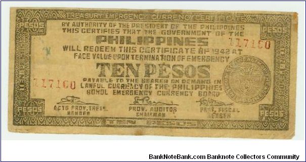 WWII PHILIPPINES 10 PESO GUERILLA/EMERGENCY NOTE. Banknote