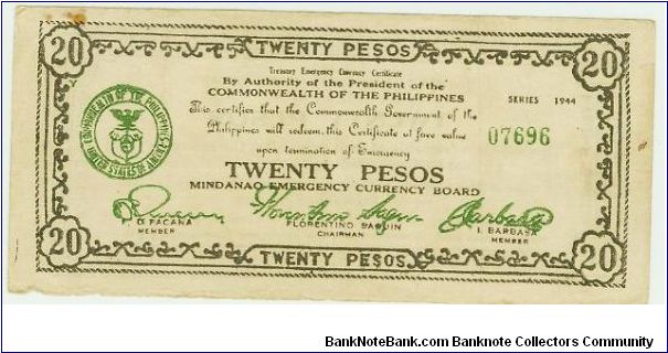 WWII PHILIPPINES 20 PESO GUERILLA/EMERGENCY NOTE. Banknote