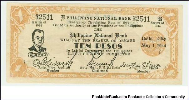 WWII PHILIPPINES 10 PESO GUERILLA/EMERGENCY NOTE ON EXTREMELY FINE PAPER, AND IN AU! Banknote