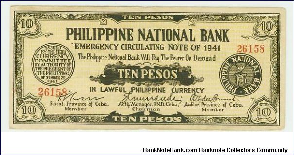 WWII PHILIPPINES 10 PESO GUERILLA/EMERGENCY NOTES. Banknote