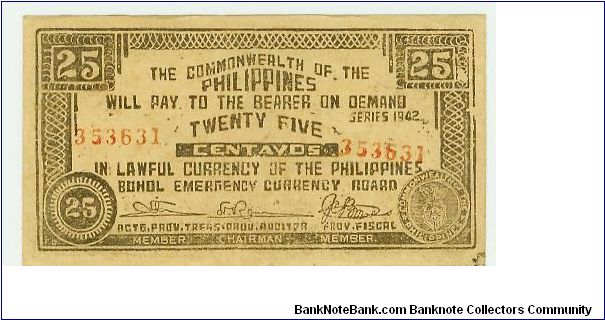 SCARCE WWII PHILIPPINES 25 CENTAVOS GUERILLA/EMERGENCY NOTE. Banknote